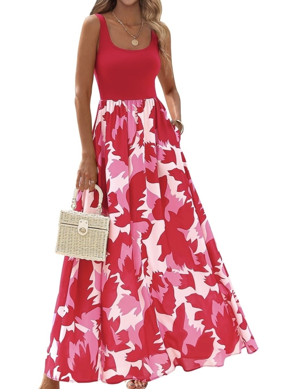 Sleeveless Red & Pink Floral Maxi Dress by